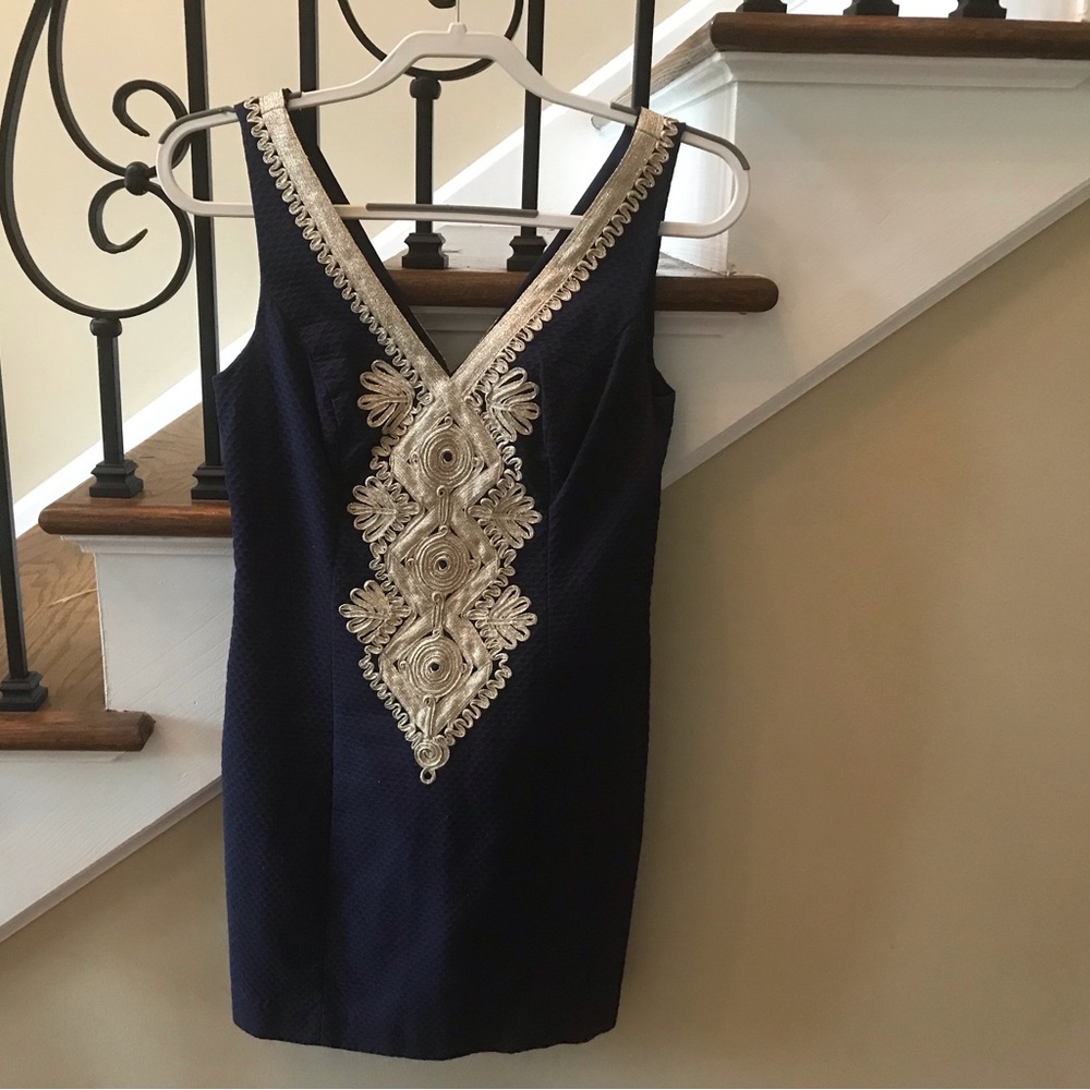 Lilly Pulitzer Blue and Gold Embellished Sheath Mini Dress
